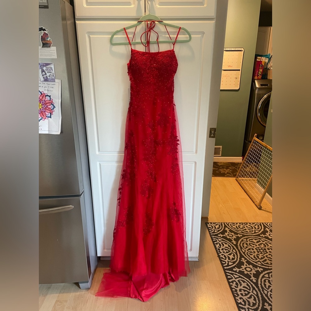 Beautiful red dress with tulle and appliqué. Never worn.